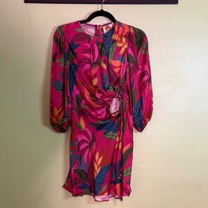 Farm Rio Rooster Leaves Red Long Sleeve Mini Dress XXS